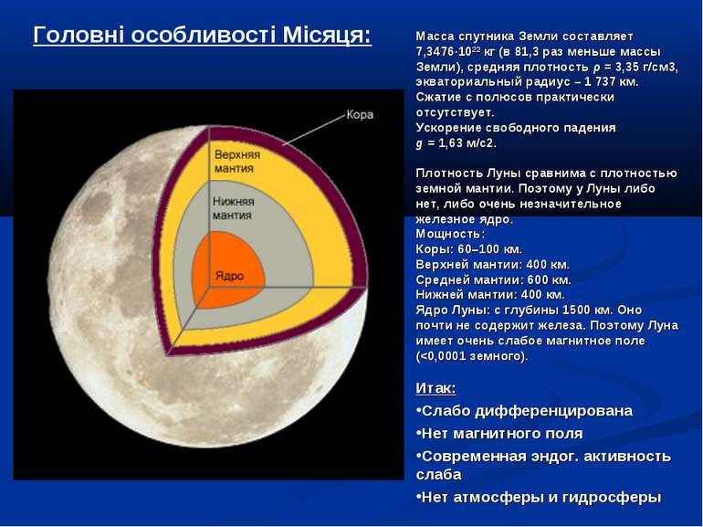Головні особливості Місяця: Масса спутника Земли составляет 7,3476∙1022 кг (в...