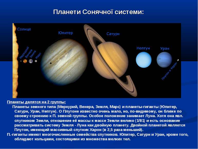 Планеты делятся на 2 группы: Планеты земного типа (Меркурий, Венера, Земля, М...