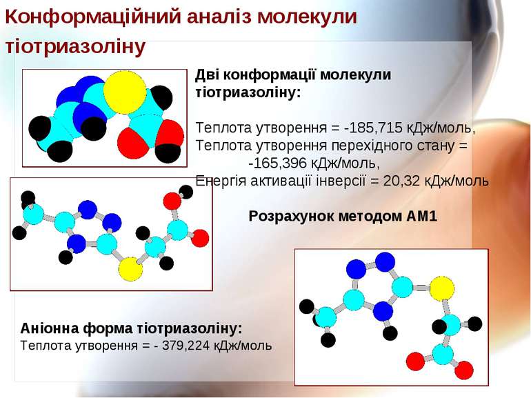 Дві конформації молекули тіотриазоліну: Теплота утворення = -185,715 кДж/моль...