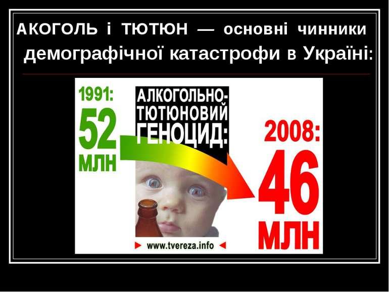 АКОГОЛЬ і ТЮТЮН — основні чинники демографічної катастрофи в Україні: