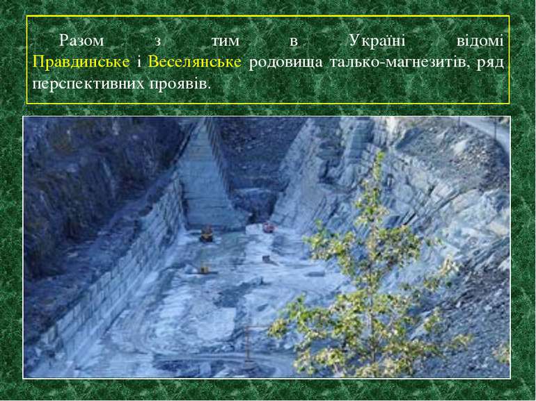Разом з тим в Україні відомі Правдинське і Веселянське родовища талько-магнез...