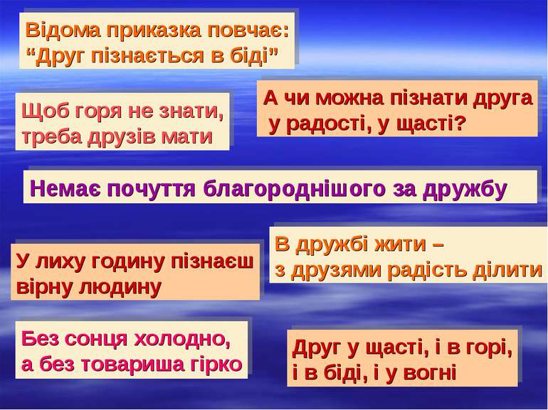 Щоб горя не знати, треба друзів мати Відома приказка повчає: “Друг пізнається...