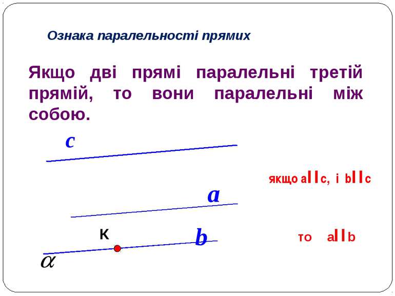 a b с Ознака паралельності прямих Якщо дві прямі паралельні третій прямій, то...