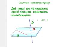 Означення мимобіжних прямих Дві прямі, що не належать одній площині називають...