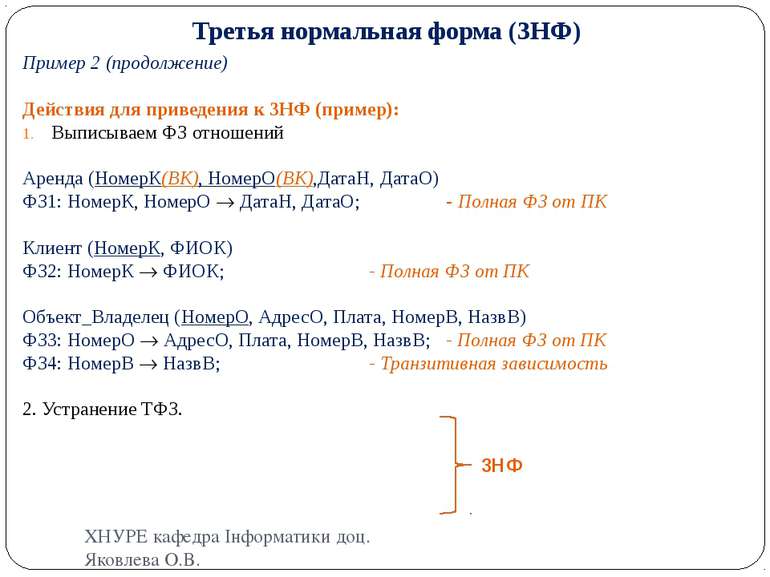 Третья нормальная форма (3НФ) Пример 2 (продолжение) Действия для приведения ...