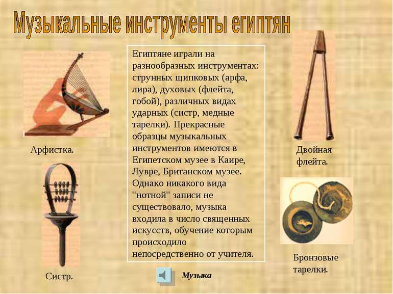 Египтяне играли на разнообразных инструментах: струнных щипковых (арфа, лира)...