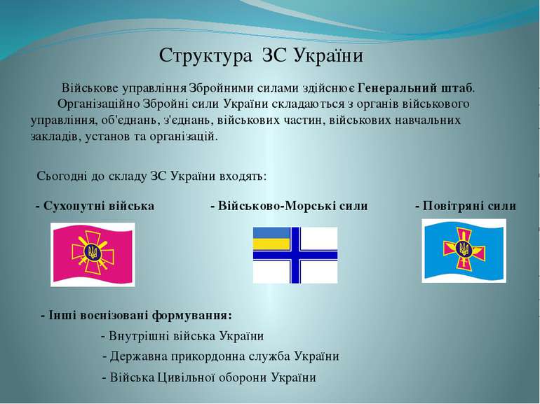 Структура ЗС України Військове управління Збройними силами здійснює Генеральн...