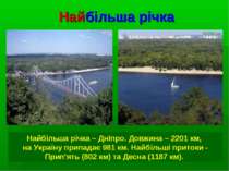 Найбільша річка Найбільша річка – Дніпро. Довжина – 2201 км, на Україну припа...