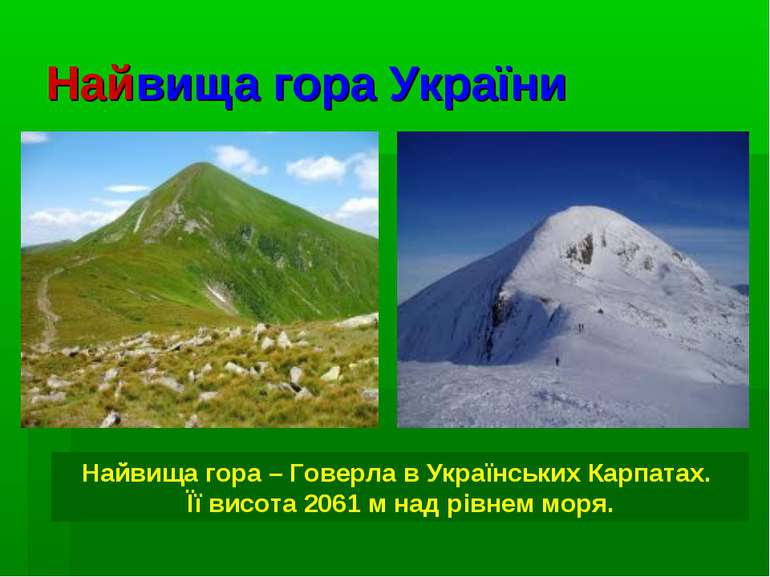 Найвища гора України Найвища гора – Говерла в Українських Карпатах. Її висота...