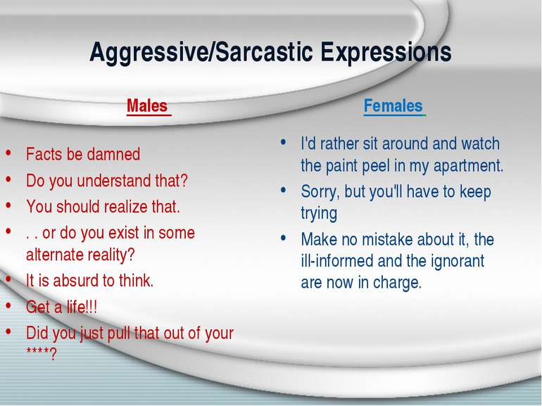 Aggressive/Sarcastic Expressions Males Facts be damned Do you understand that...