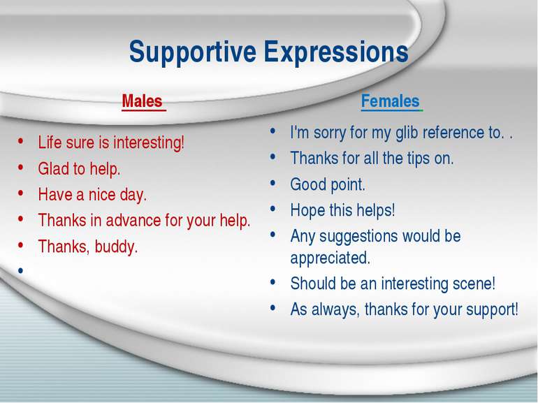 Supportive Expressions Males Life sure is interesting! Glad to help. Have a n...