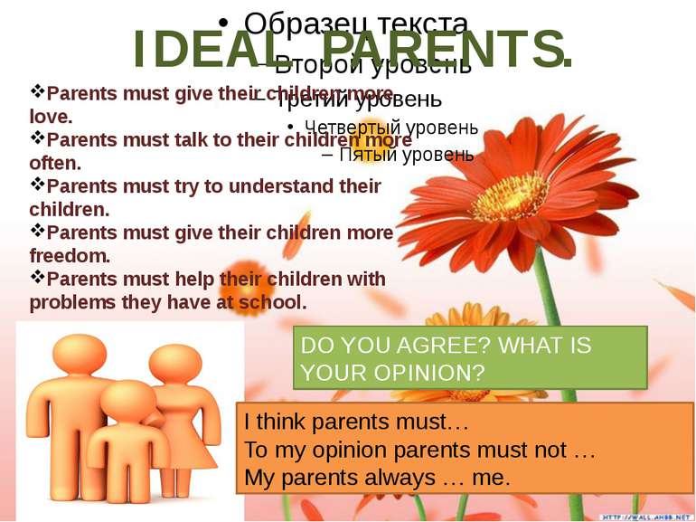 IDEAL PARENTS. Parents must give their children more love. Parents must talk ...