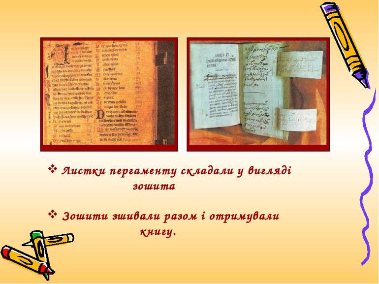Листки пергаменту складали у вигляді зошита Зошити зшивали разом і отримували...