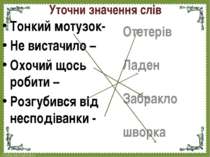 Уточни значення слів Тонкий мотузок- Не вистачило – Охочий щось робити – Розг...