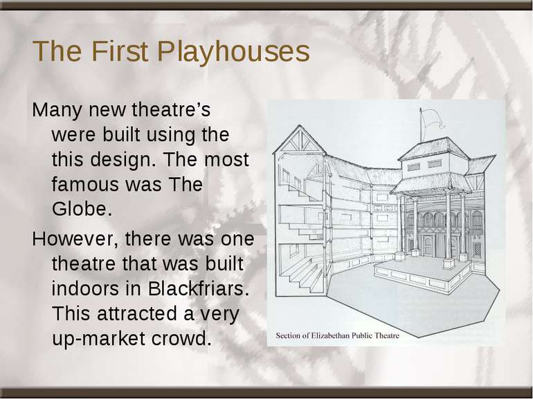 The First Playhouses Many new theatre’s were built using the this design. The...