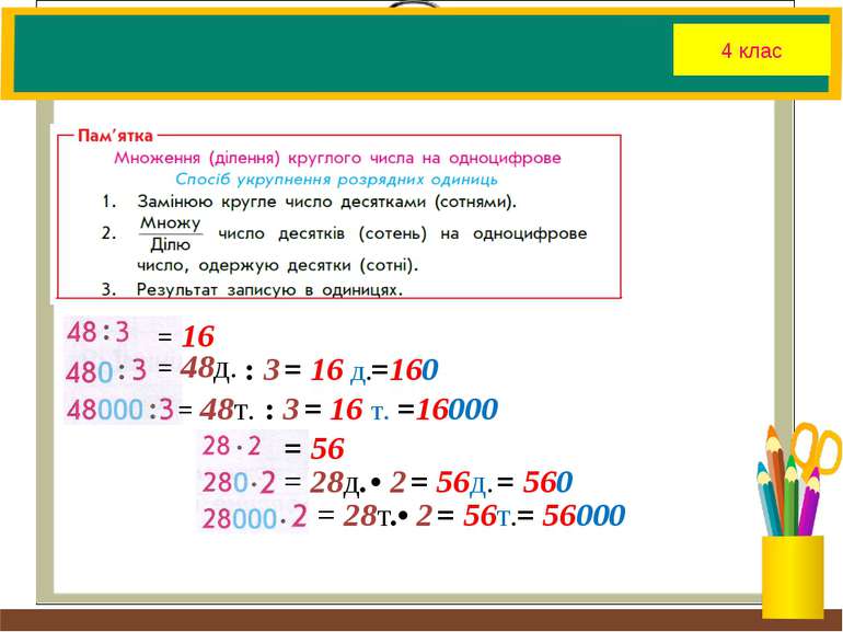 4 клас = 16 = 48д. = 56 : 3 = 16 д. =160 = 48т. : 3 = 16 т. =16000 = 28д. • 2...
