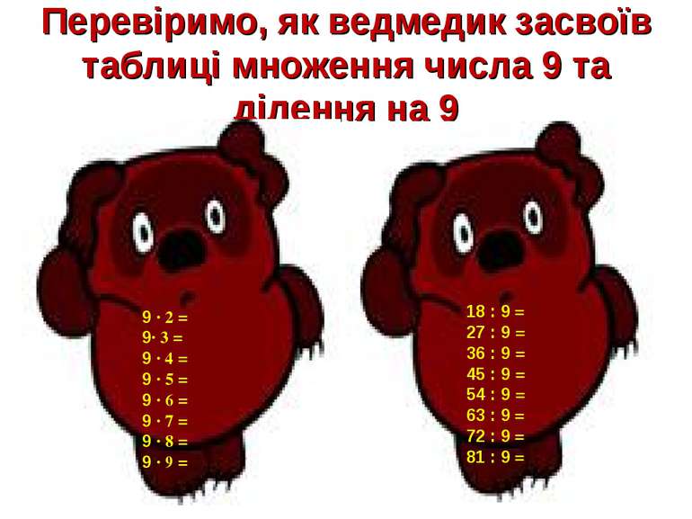 Перевіримо, як ведмедик засвоїв таблиці множення числа 9 та ділення на 9 9 · ...