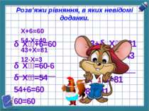 Розв’яжи рівняння, в яких невідомі доданки. Х+6=60 54-Х=40 43+Х=81 12-Х=3 Х +...