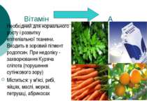 Вітамін А Необхідний для нормального росту і розвитку епітеліальної тканини. ...