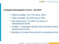 Changed Demographic Future – By 2015 Infant mortality by 75% since 1950 Child...