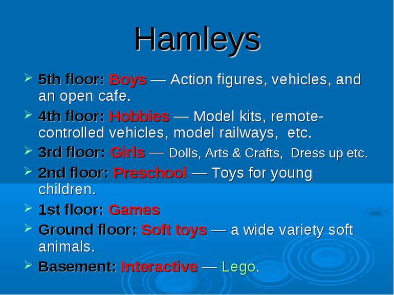 Hamleys 5th floor: Boys — Action figures, vehicles, and an open cafe. 4th flo...