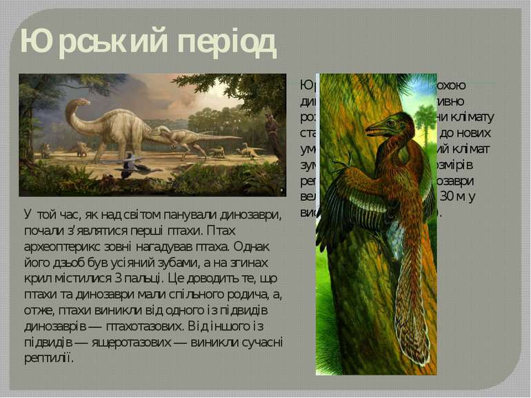Юрський період Юрський період став епохою динозаврів. Рептилії активно розвив...