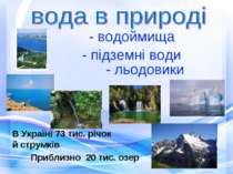 - водоймища В Україні 73 тис. річок й струмків Приблизно 20 тис. озер - підзе...