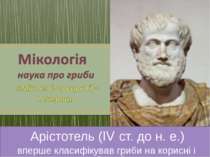 Арістотель (IV ст. до н. е.) вперше класифікував гриби на корисні і шкідливі