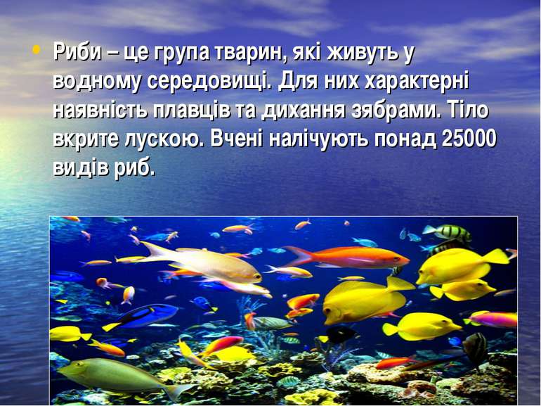 Риби – це група тварин, які живуть у водному середовищі. Для них характерні н...