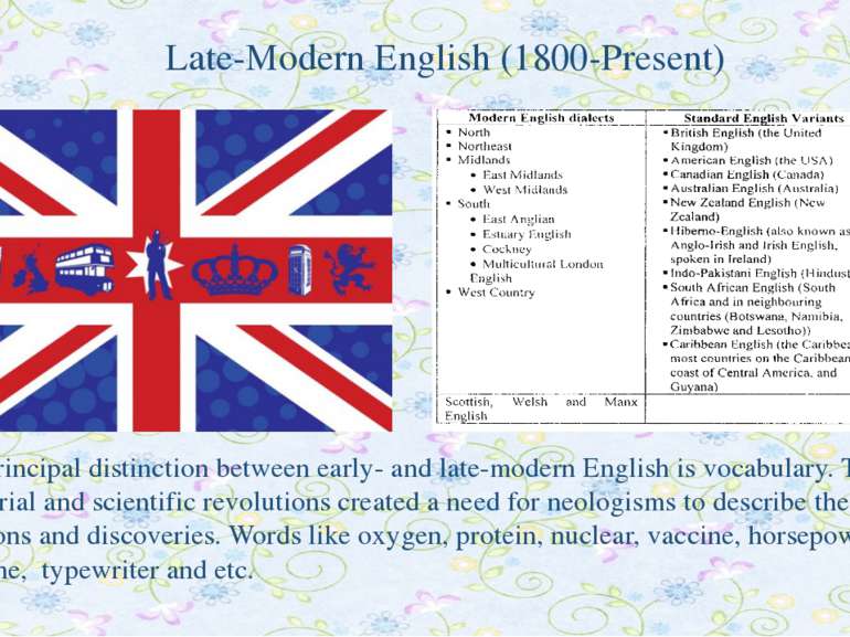 Late-Modern English (1800-Present) The principal distinction between early- a...