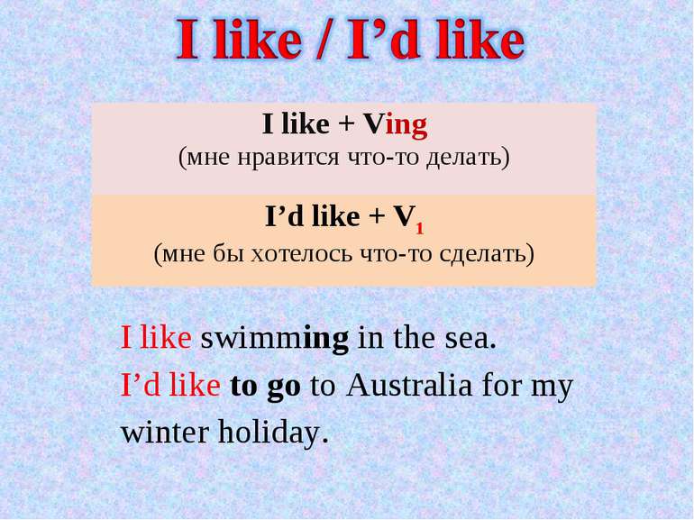 I like swimming in the sea. I’d like to go to Australia for my winter holiday...