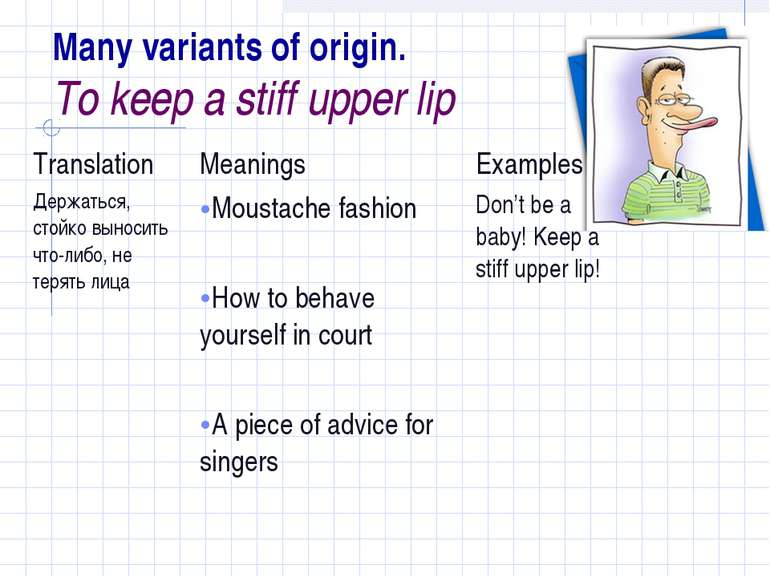 Many variants of origin. To keep a stiff upper lip