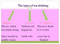 The types of tea-drinking High-tea Low-tea 5-o’clock-tea The tea, which Delic...