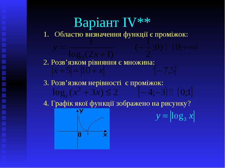 Областю визначення функції є проміжок: 2. Розв’язком рівняння є множина: 3. Р...
