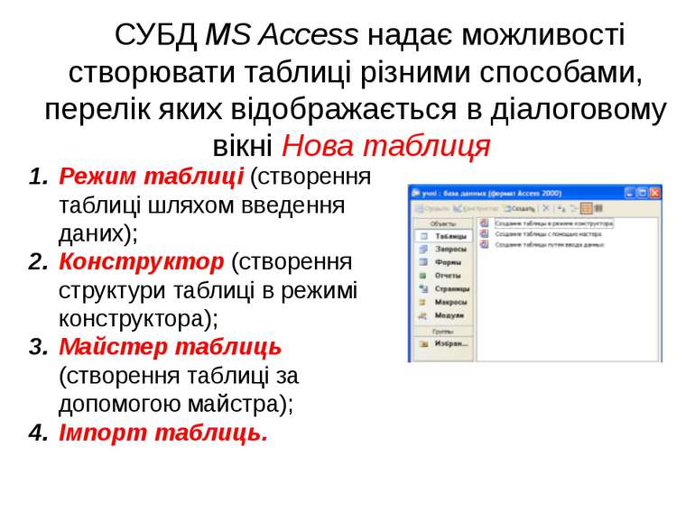 СУБД MS Access надає можливості створювати таблиці різними способами, перелік...