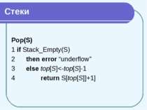Стеки Pop(S) 1 if Stack_Empty(S) 2 then error “underflow” 3 else top[S]