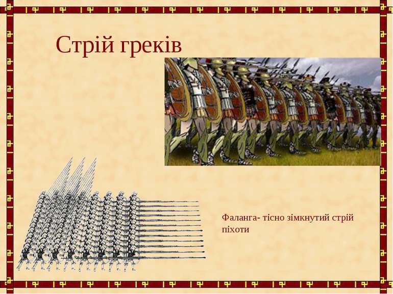 Стрій греків Фаланга- тісно зімкнутий стрій піхоти