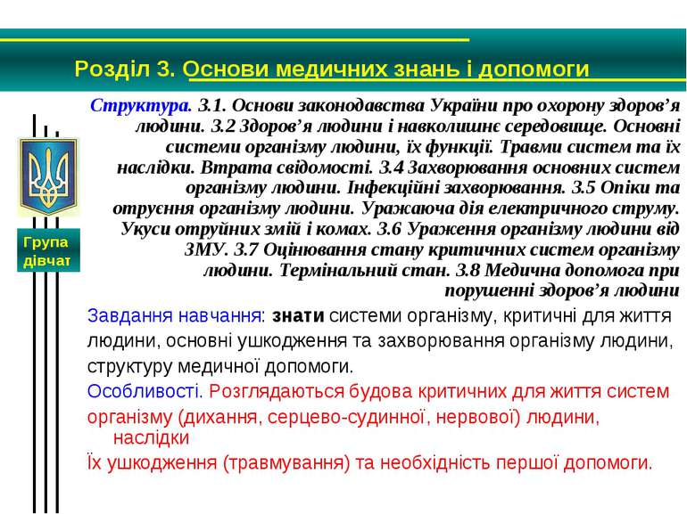 Структура. 3.1. Основи законодавства України про охорону здоров’я людини. 3.2...
