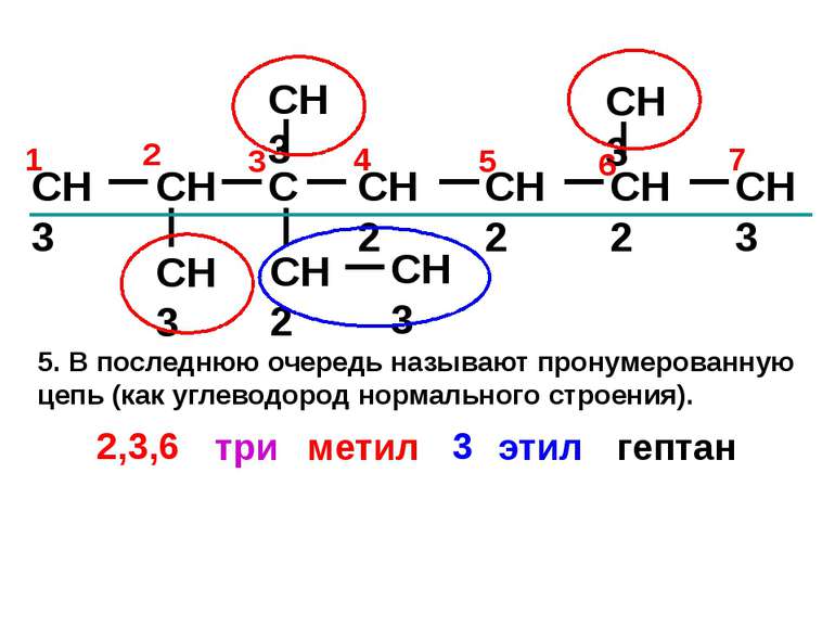 CH3 CH C CH2 CH2 CH3 CH3 CH3 CH2 CH3 CH3 CH2 7 6 5 4 1 2 3 2,3,6 3 метил этил...