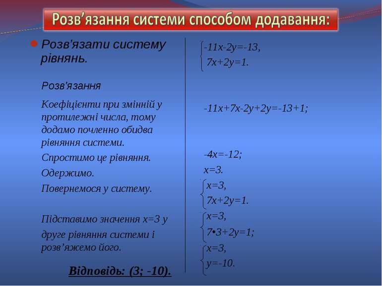 Розв’язати систему рівнянь. -11х-2у=-13, 7х+2у=1. -11х+7х-2у+2у=-13+1; -4х=-1...