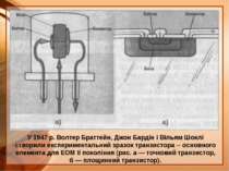 У 1947 р. Волтер Браттейн, Джон Бардін і Вільям Шоклі створили експерименталь...