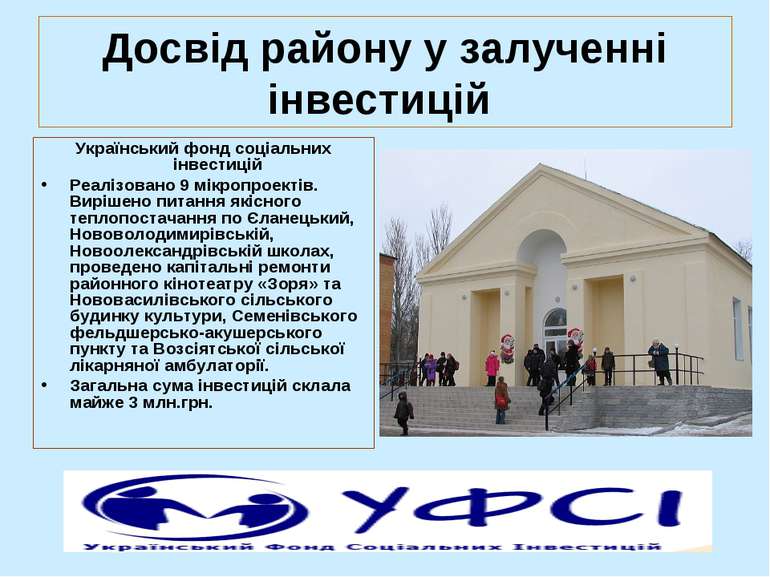 Досвід району у залученні інвестицій Український фонд соціальних інвестицій Р...