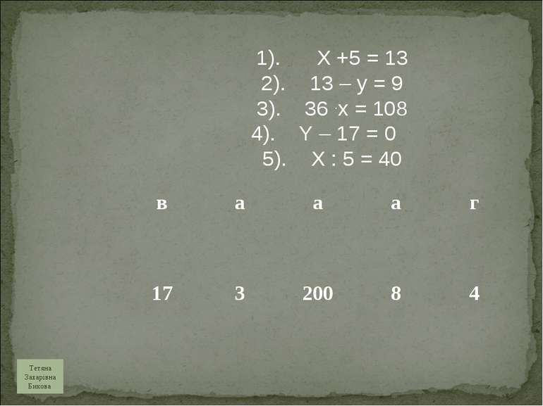 1). X +5 = 13 2). 13 – y = 9 3). 36 .x = 108 4). Y – 17 = 0 5). X : 5 = 40 Те...