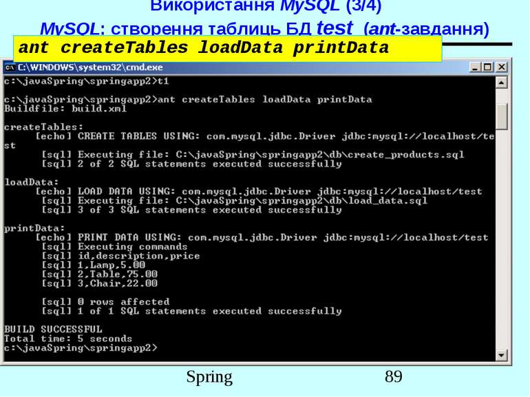Використання MySQL (3/4) MySQL: створення таблиць БД test (ant-завдання) ant ...