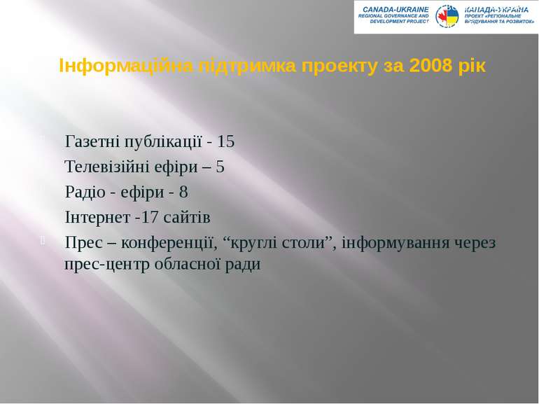 Інформаційна підтримка проекту за 2008 рік Газетні публікації - 15 Телевізійн...