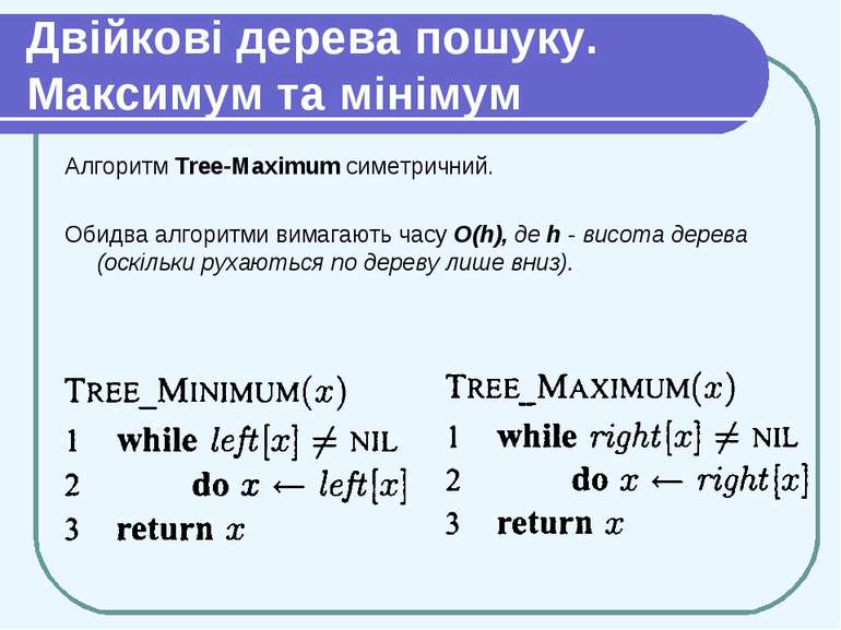 Двійкові дерева пошуку. Максимум та мінімум Алгоритм Tree-Maximum симетричний...