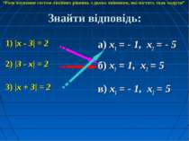 Знайти відповідь: 1) |x - 3| = 2 а) x1 = - 1, x2 = - 5 2) |3 - x| = 2 3) |x +...