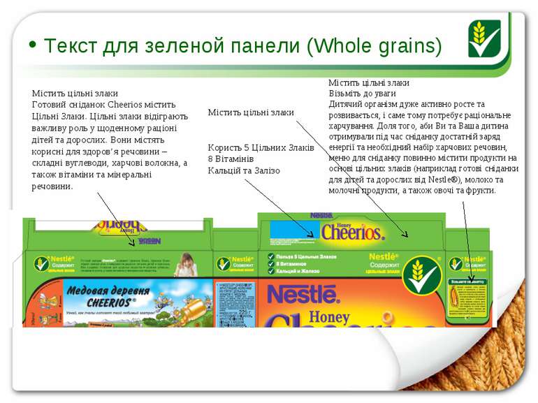 Текст для зеленой панели (Whole grains) Містить цільні злаки Готовий сніданок...