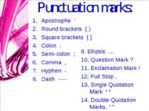 Punctuation marks: Apostrophe ' Round brackets ( ) Square brackets [ ] Colon ...