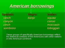 American borrowings Spanish: Negro: Indian: ranch banjo squaw canyon canoe ci...